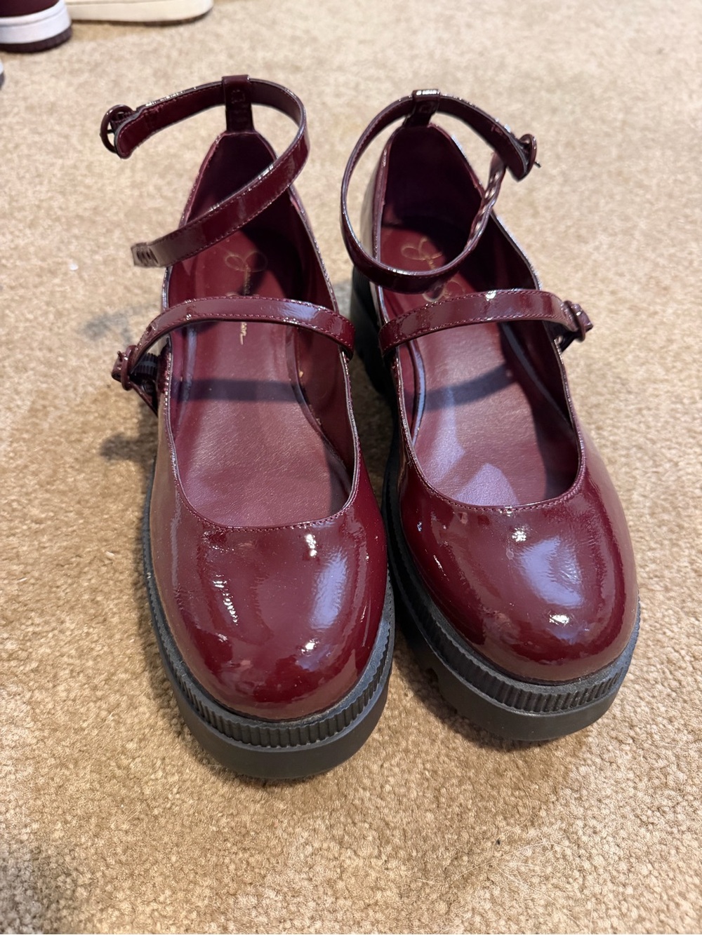 Women’s Patent Mary Jane Shoes with Ankle Strap - Burgundy platforms